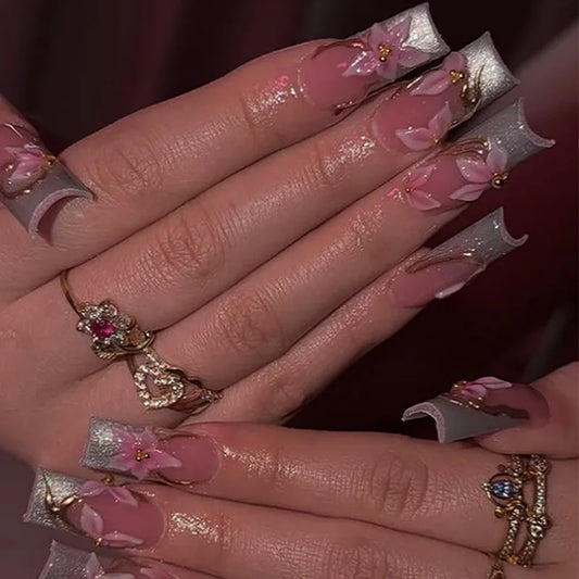 24pcs Press on Nails Shiny Powder French Fake Nail Flower Design Square Ballet False Nail with Gilded Smudge Wearable Manicure