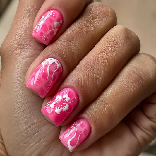 24pcs Pink Smudge Full Cover Nail Tips Cute Flower Girls Short Square Press on False Nails Art Wearable Canvas Ballet Fake Nail