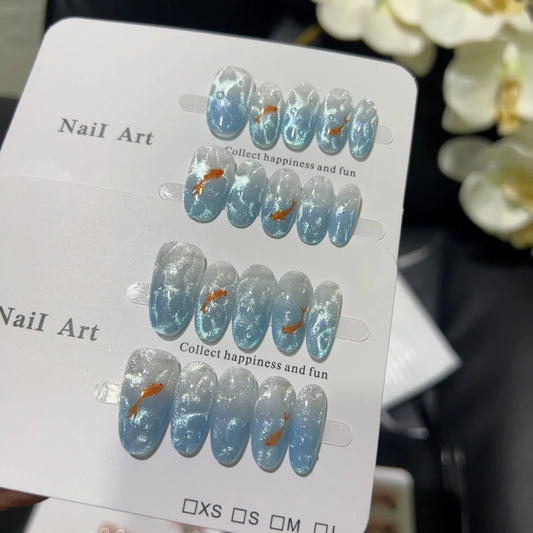 10pcs high-end The gentle water ripples on the French glacier blue ocean bottom gradually change with koi fish tails and cat eye