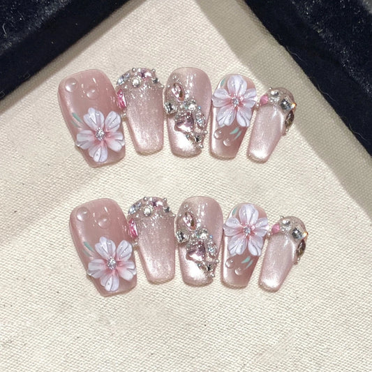 10Pcs Mid-length Fake Nails Pink Gradient Fresh Florals Fingernail Hand Drawn Artificial Elegant Reusable Wearing Fashion Nails