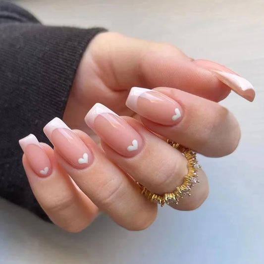 24Pcs Mid-length Square Head Nails Set Press on White Edge French Fake Nails Love Heart Wearable Full Cover False Nails Tips Art