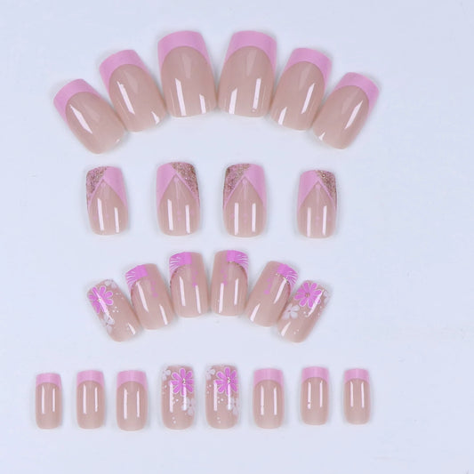 24 pcs short square French simple flower nails +1 nail glue +1 nail file