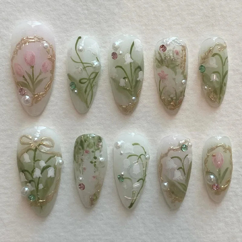 24Pcs Light Blue Smudge Fake Nails Press on Almond Gold Leaf Removable Long Full Cover Nail Tips Wearable Finished Nail Art