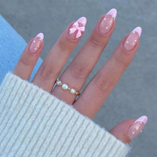24pcs Long Almond Fake nails，pink French Bows and pearls on nails Detachable And Reusable Jelly Glue 1pc Cuticle Pusher