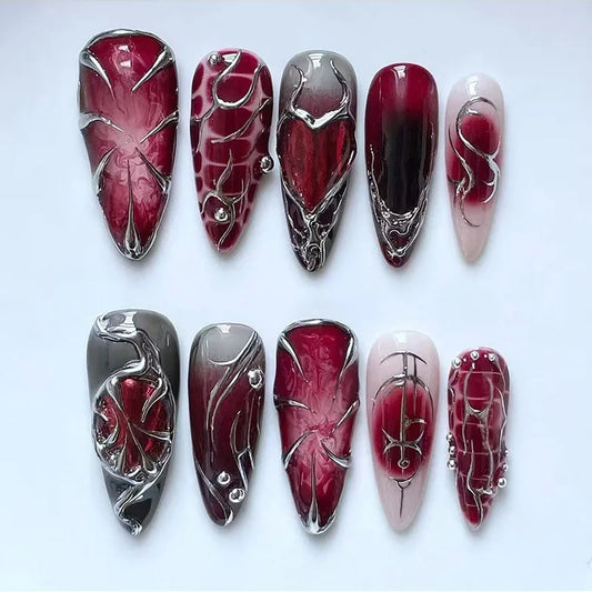 24Pcs Red Smudge False Nails Silver Heart Irregular with Design Press on Fake Nails Long Stiletto Wearable Full Cover Nails Tips