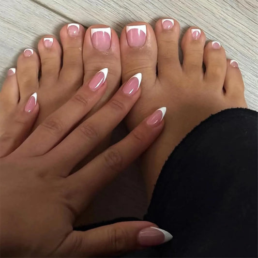 48PCS French Pointed Nail Short Square Toenail And Almond White French Pointed Fake Nail Combination