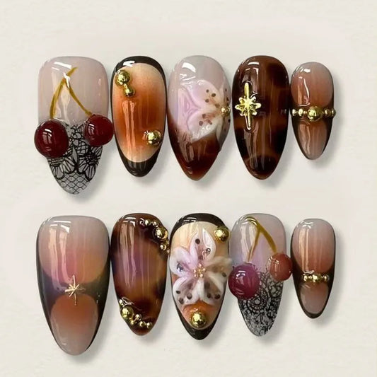24pcs Finished Leopard Print False Nails Sets Fashion Cherry Flower Design Long Almond Press on Nails Starlight French Fake Nail