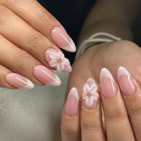 3D Water Ripple Flower Metal Bead Pearl Nail Art Summer Fashion Almond False Nails Detachable Finished Fake Nails Press on Nails