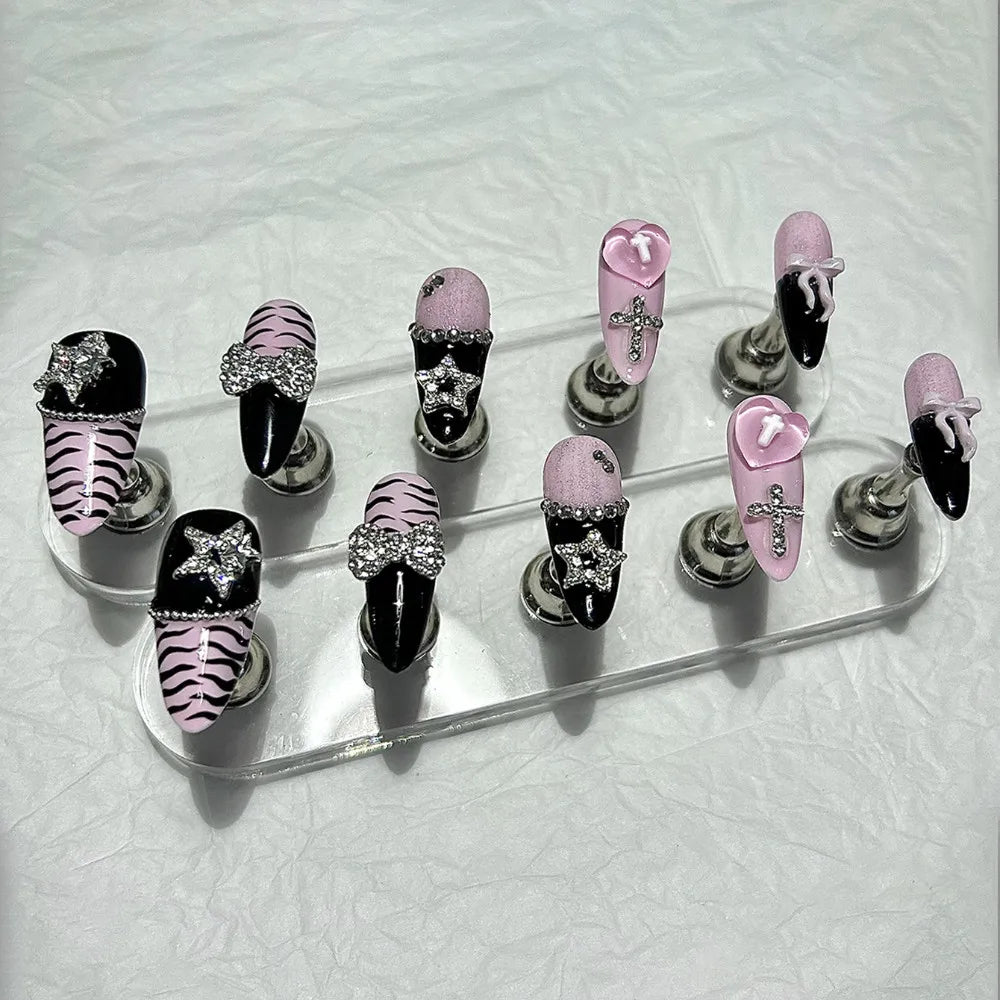 Y2K Baddie Gyaru Black Pink Long Tip French Press On Nails Jirai Nail 3D Bow Star Cross Love Zebra Print Yami Kawaii Fake Nails