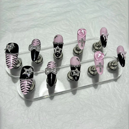 Y2K Baddie Gyaru Black Pink Long Tip French Press On Nails Jirai Nail 3D Bow Star Cross Love Zebra Print Yami Kawaii Fake Nails