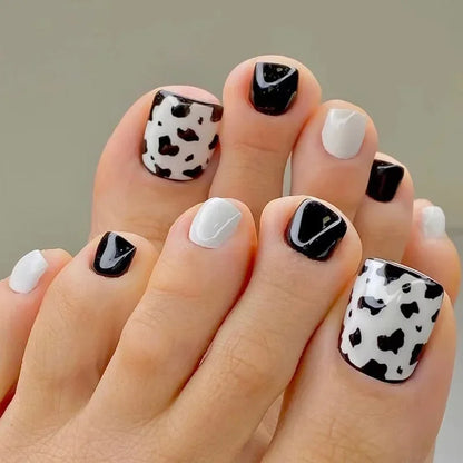 Simple White French Artificial Toenails Shiny Rhinestones Toe False Nails with Glue Wearable Short Flat Shape Fake Toenails