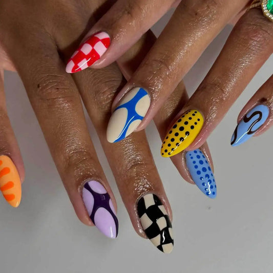 24Pcs Mid-length Almond Fake Nail with Colorful Checkered Pattern Press on False Nails Dopamine Datachable Full Cover Nails Tips