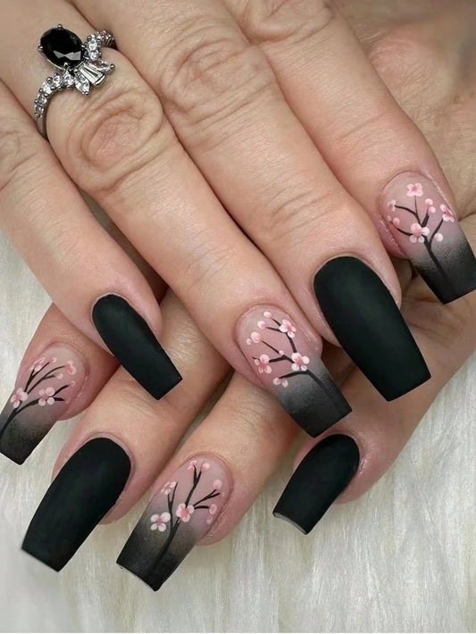 24PCS Coffin Nails Pure Black Nails Decorated With Cherry Blossoms Whitening Nail Art Set With Detachable Fake Nails For Festiva