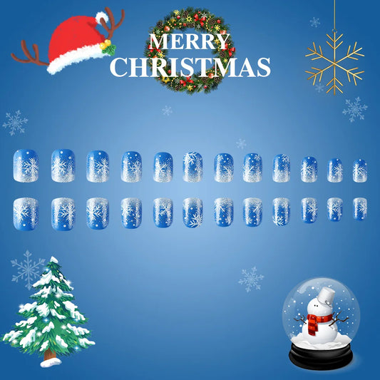 24pcs Merry Christmas Press On Nails Glitter Blue Short Square False Nail With Snowflake Designs French Fake Nail For Women