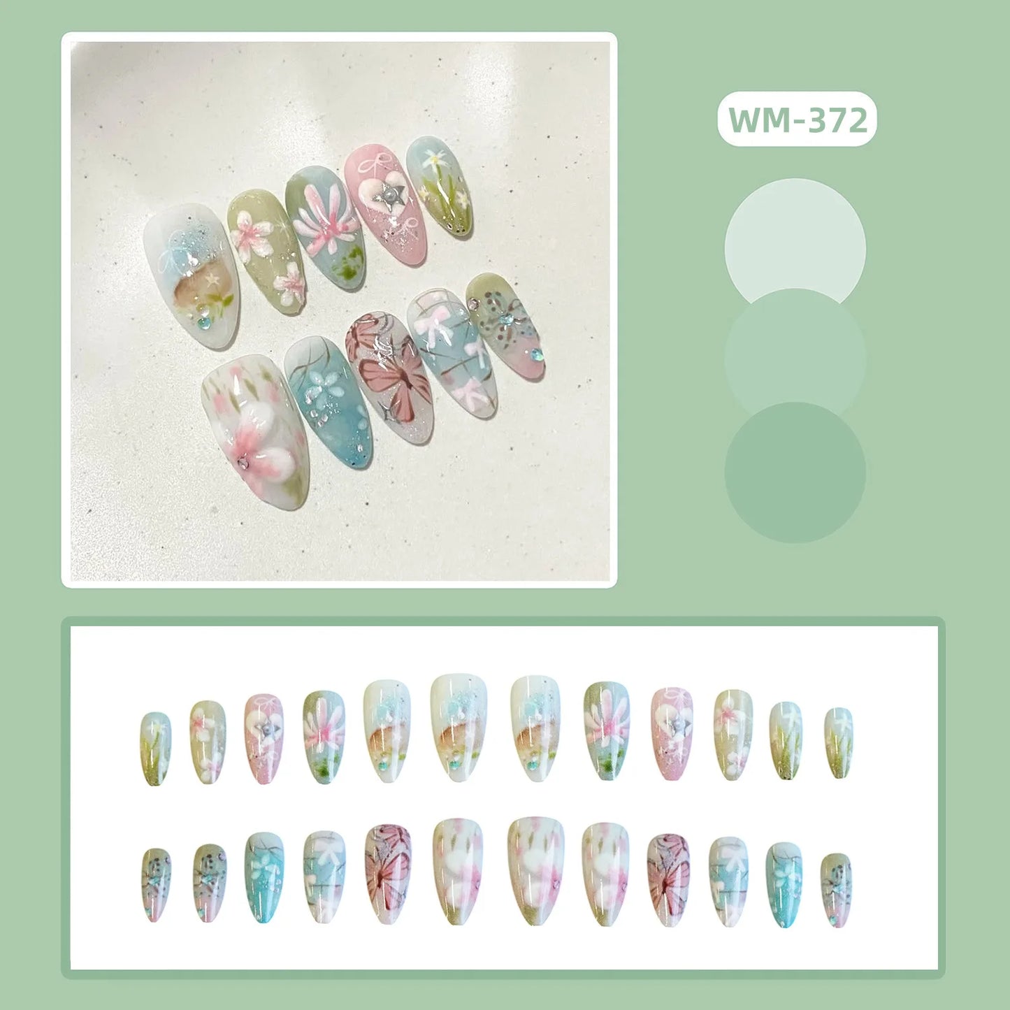 24pcs Little Fresh Butterfly Flower Press On Nail Spring Summer Gradient Pink Green Almond False Nail Ins Forest Style Fake Nail