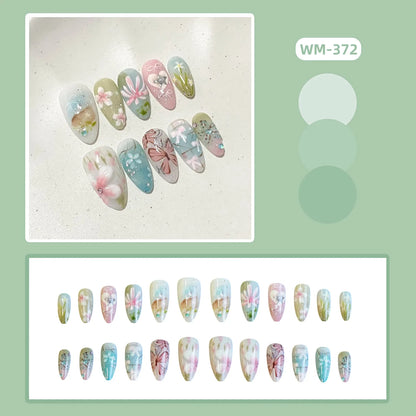 24pcs Little Fresh Butterfly Flower Press On Nail Spring Summer Gradient Pink Green Almond False Nail Ins Forest Style Fake Nail
