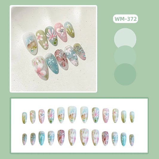 24pcs Little Fresh Butterfly Flower Press On Nail Spring Summer Gradient Pink Green Almond False Nail Ins Forest Style Fake Nail