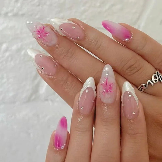 24Pcs Yellow French Full Cover Nails Tips Mid-length Almond Detachable False Nails 3D Flower Pearl Starburst Press on Fake Nails