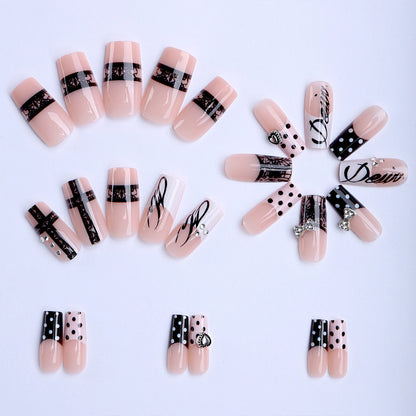 24pcs Mid-length Coffin False Nails Dark Metal Bows Heart Decor Black Gothic Style Press On Nails Polka Dot French Fake Nail