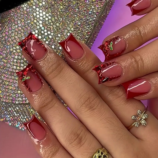24pcs Finished Fake Nails French Red Short Square False Nail Art Simple Cherry Diamond Design Ballet Press on Nails Detachable