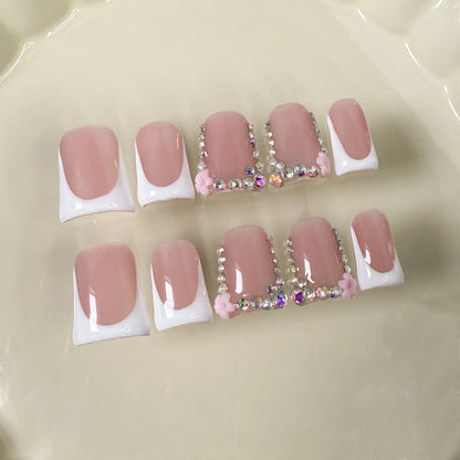 10pcs Short Duckbill Handmade Fake Nails Art Simple Black French False Nail with Diamond Tips Design Press on Nails Set Finished
