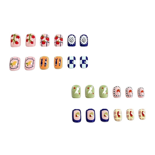 24 Dopamine Cute Cartoon False Nails Kawaii Fruit Fish Designs Plaid Press On Nails Blue Short Round Acrylic Fake Nail For Girls