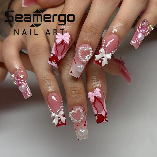 24PCS Pink Heart Press On Nails French Cherry Bow Cute Style false nails Valentines Day sweet Medium Water Pipe square Nail Art
