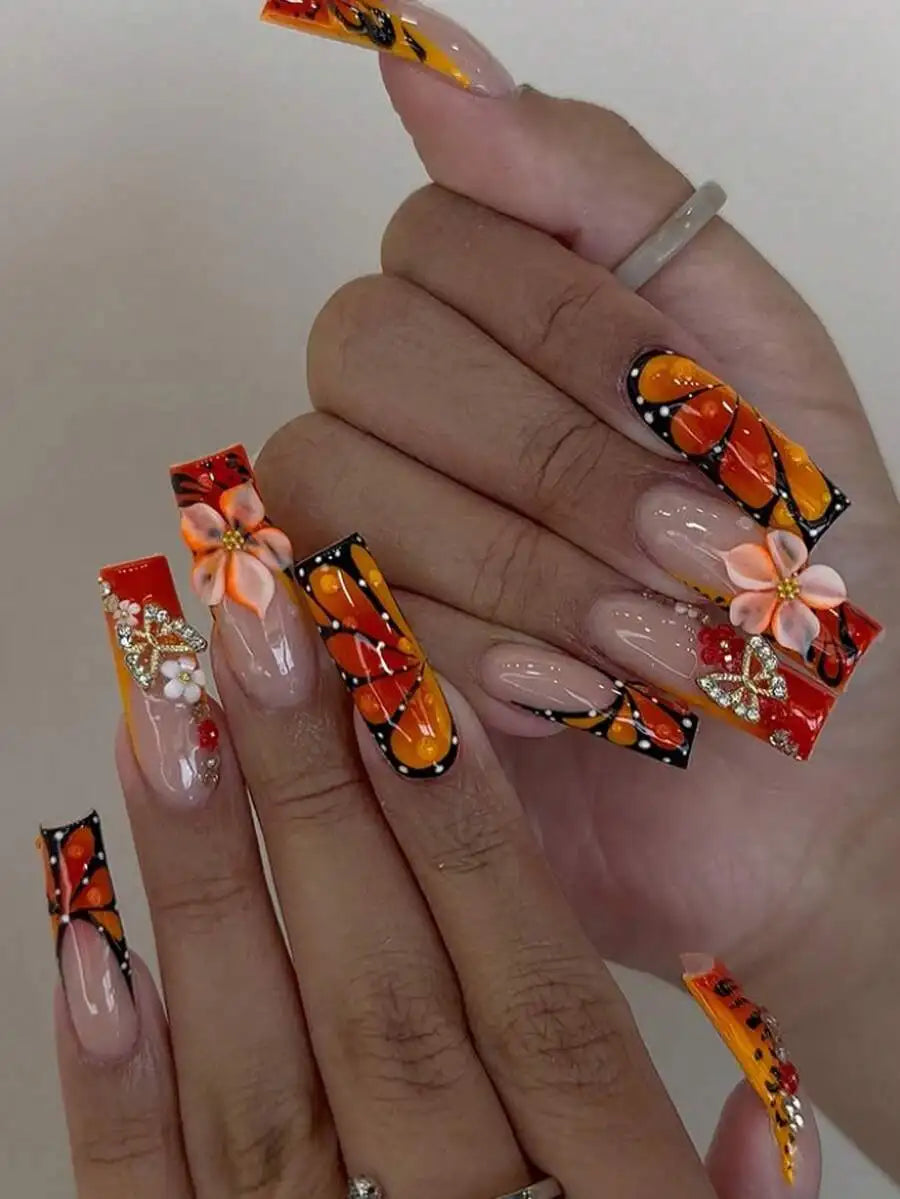 24pcs/Set Y2K French Medium Length Nail Tips, Sweet 3D Pink Flower & Wavy Design With Golden Beads Accent, Press-On Artificial