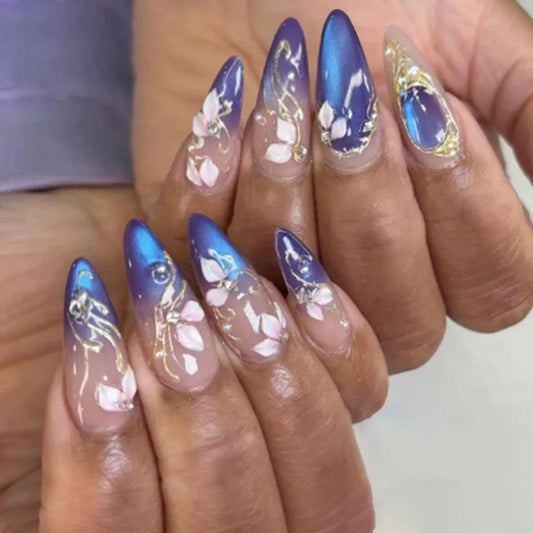 24pcs Reusable Blue Press on Nails Cat's Eye Gradient Long Almond False Nails Tips Sweet Flower Design Fake Nail Sets Manicure