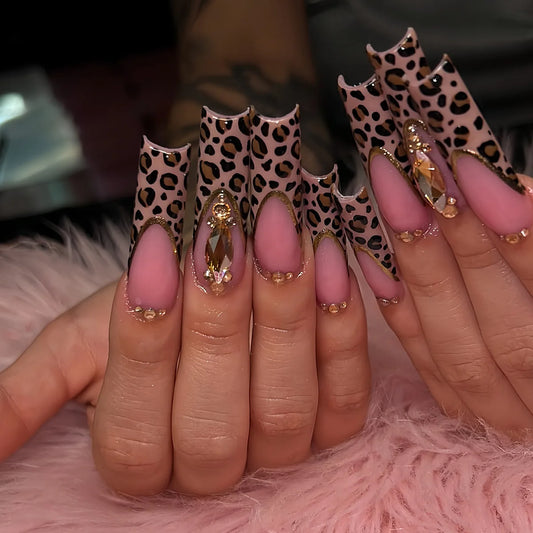 24pcs Glitter Diamond Fake Nails Art Leopard Print French Tips Long Square False Nail Sets Simple Reusable Coffin Press on Nails