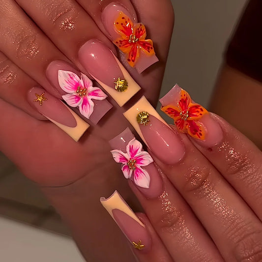 24pcs Long Square Fake Nail Seashell Flower Design Nails Tips Ocean Rhinestone Yellow French False Nail Wearable Press on Nails