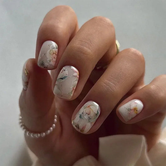 24Pcs Sweet Countryside Flowers False Nails Coffin with Jelly Glue Simple Flower Butterfly French Short Removable Wearable Nails