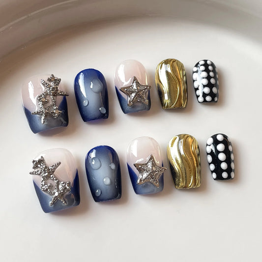 10Pcs Short Coffin Handmade Press on Nails Full Cover Metallic Starfish Glitter False Nails Wearable Nail Tips with Jelly Glue