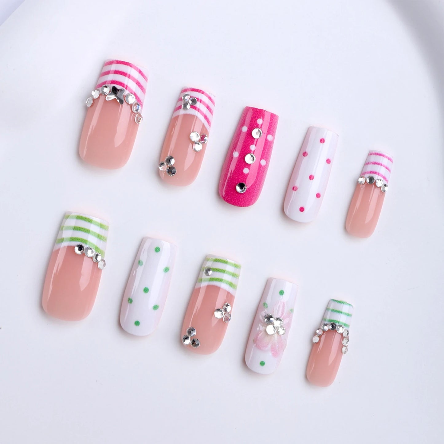 24pcs Dopamine DIY Manicure Art Little Stripes French Style Mid-length Squared False Nail Polka Dot Flower Printed Press On Nail