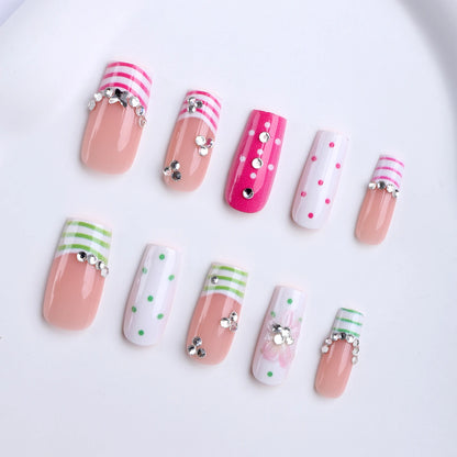 24pcs Dopamine DIY Manicure Art Little Stripes French Style Mid-length Squared False Nail Polka Dot Flower Printed Press On Nail
