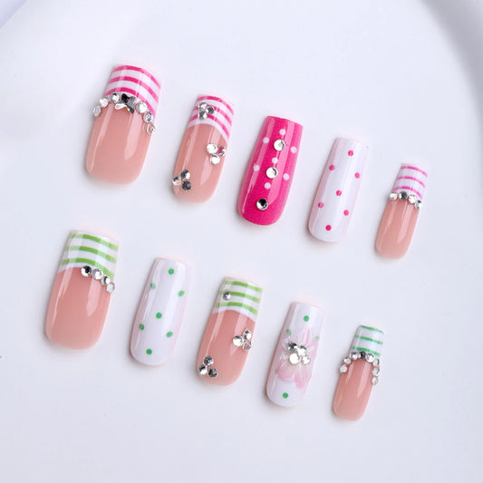 24pcs Dopamine DIY Manicure Art Little Stripes French Style Mid-length Squared False Nail Polka Dot Flower Printed Press On Nail