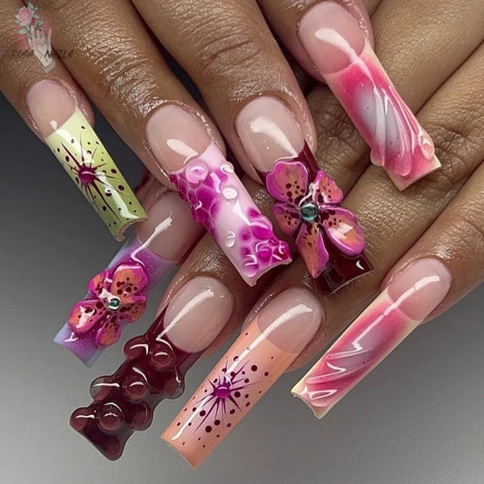 3D Hibiscus Orchid Nails Sculpted Flowers Handmade Press on Nail Acrylic Summer Hand Painted Air Brush Long Square French Tips