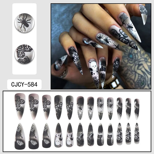 24pcs Halloween Ghost Face Matte Wearing Fake Nails Black and White Spider Web Skull Pattern Press on Nail European False Nails