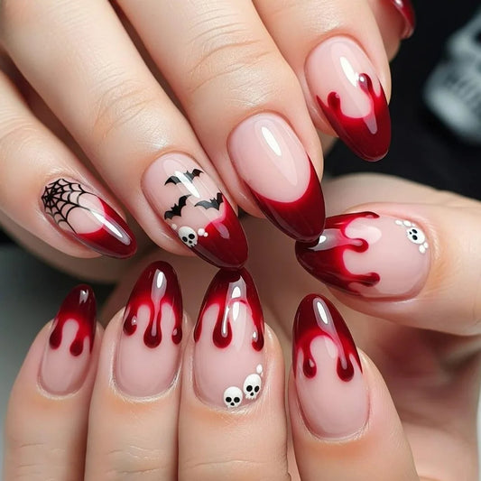 24Pcs Red French Almond Press on Nails Black Bat Spider Web Halloween Blood Drops Fake Nails Halloween Spicy Girls False Nails