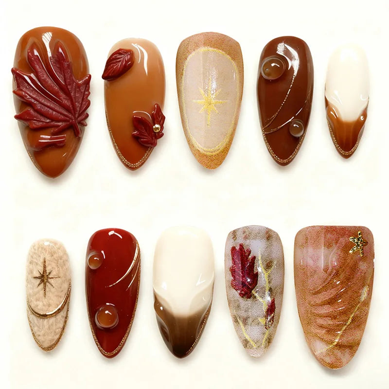 24Pcs Mid-length Almond Press on Fake Nails with Insect Flower Button Design Full Cover Nails Tips Reusable Finished False Nails