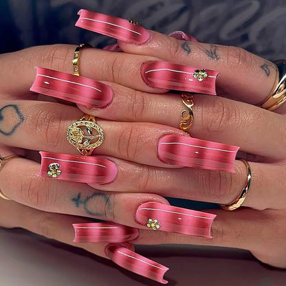24Pcs Long Square Head French Fake Nail Tips 3D Love Heart Design Press on Nails with Rhinestone Pattern Wearable False Nail Art