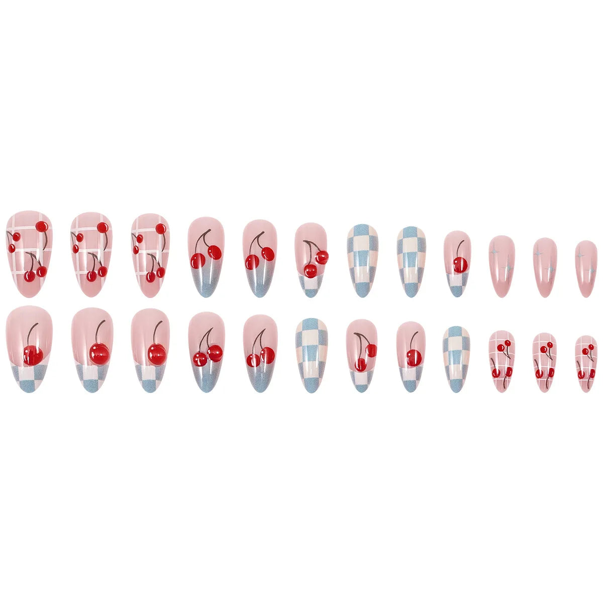 24PCS Almond Pink Blue Fake Nails Checkered Cherry Print Sweet Coquette Style Press on Nails Reusable False Nails for Daily Wear