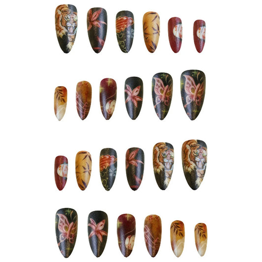 24pcs Vintage Chinese Style False Nails Frosted Almond Fake Nails With Creative Tiger Butterflt Flower Pattern Press On Nail