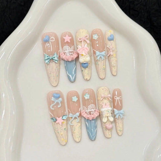 10pcs Handmade Pressed Stiletto Nail Art,Beautiful fake nails,Shiny Cute Star Bow Heart,Suitable For Women,Mother's Day Gift.