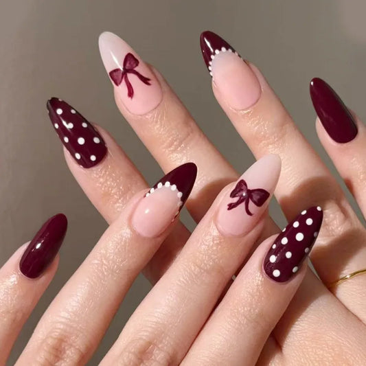 24pcs Mid-length Almond Fake Nail Art Wine Red French Nails Tips Bow Polka Dot Design False Nail Set Sweet Cherry Press on Nails