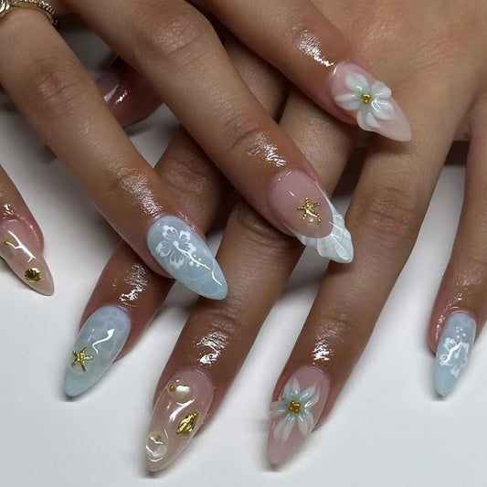 24pcs Light Blue False Nails Summer Beach Style Seashell Starfish Flower Pattern Press On Nails Smudging French Almond Fake Nail