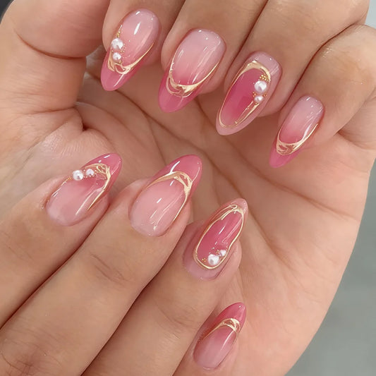 24pcs Almond False Nails Pearl Design Pink Gradient Press on Nails Set French Tips Fake Nail Tips Finished Blush Gilded Manicure