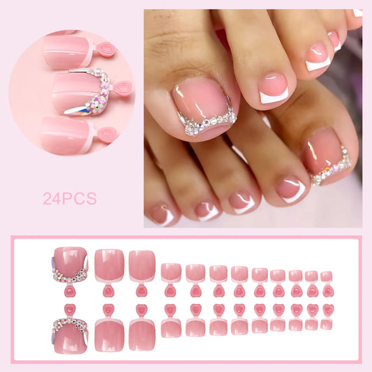 2026 New White French False Toe Nails INS Simple Nude Pink Color Press Toenails Wearable Detachable Diamond Decor Fake Toenails