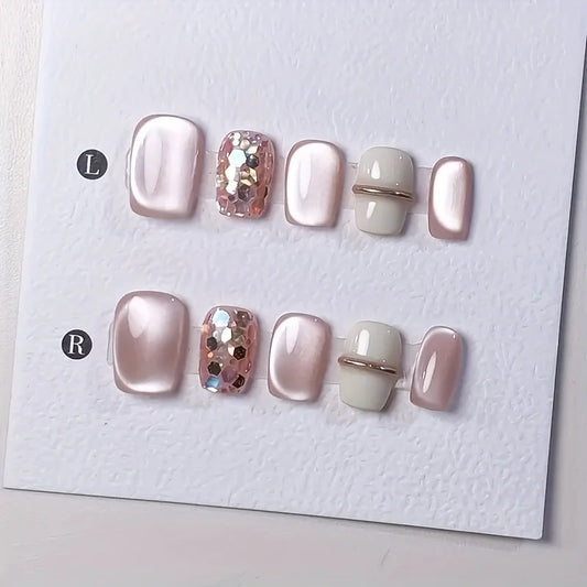 10pcs high-end Light luxury pink cat eyes handmade fake nails, Short pink nail decoration patch for women