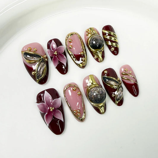 10Pcs Light Luxury Retro Flowers Nail Art French Metal Cat-eye Butterfly Handmade False Nails Fashion Detachable Acrylic Nails